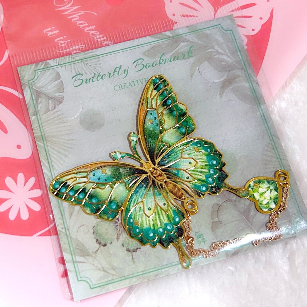 Green Butterfly Metallic Bookmark w/Heart diamond charm chain